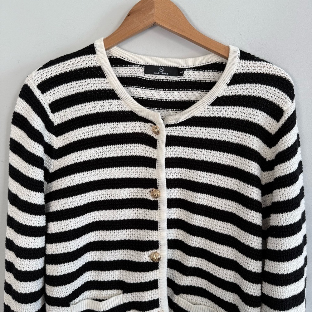 Striped Black and White Women's Cardigan Sweater w/ Gold Buttons, Size L - Picture 2 of 10